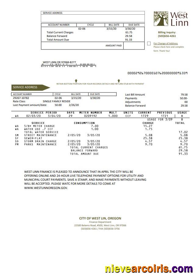 USA Oregon City of West Linn utility bill